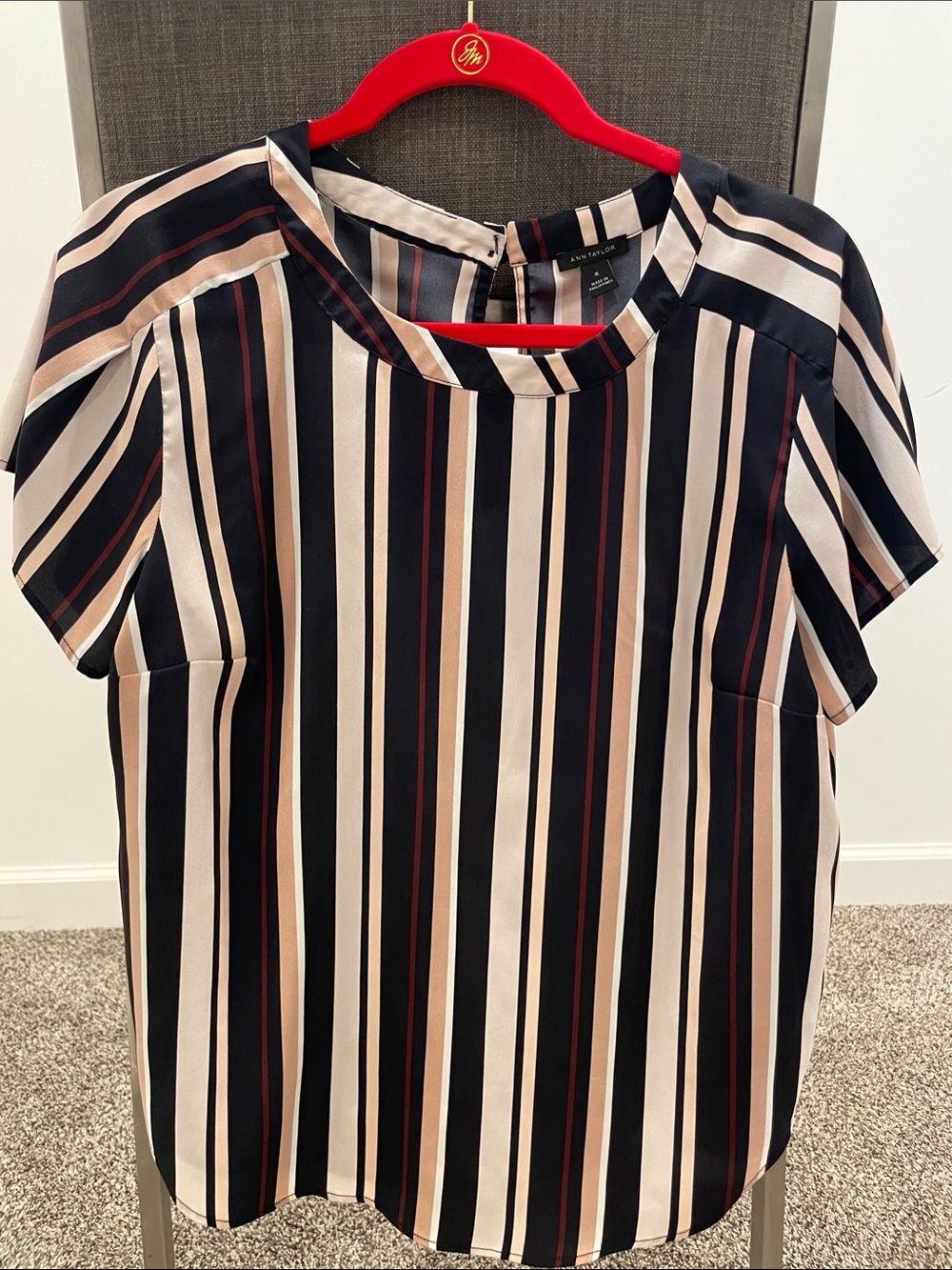 Ann Taylor Navy, Cream and Tan Striped Short Sleeve Blouse